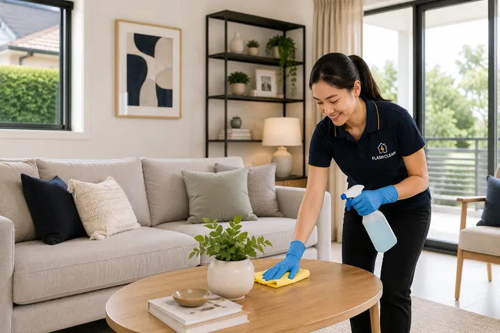 Flash Clean cleaner detailing a living room table